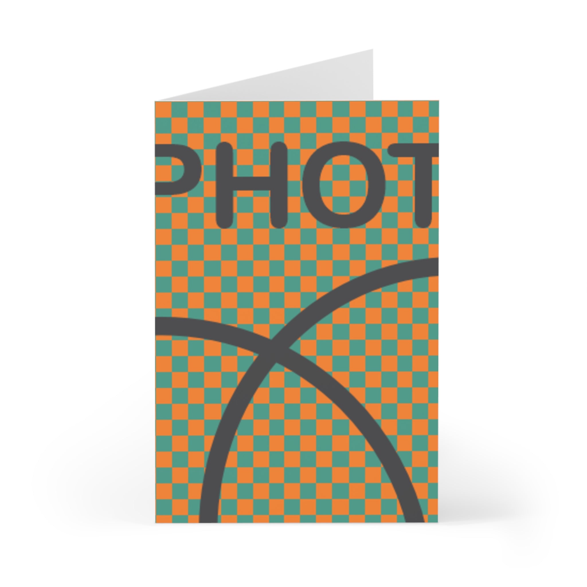 Greeting card with checkered pattern and 'PHOTO' text on a white background