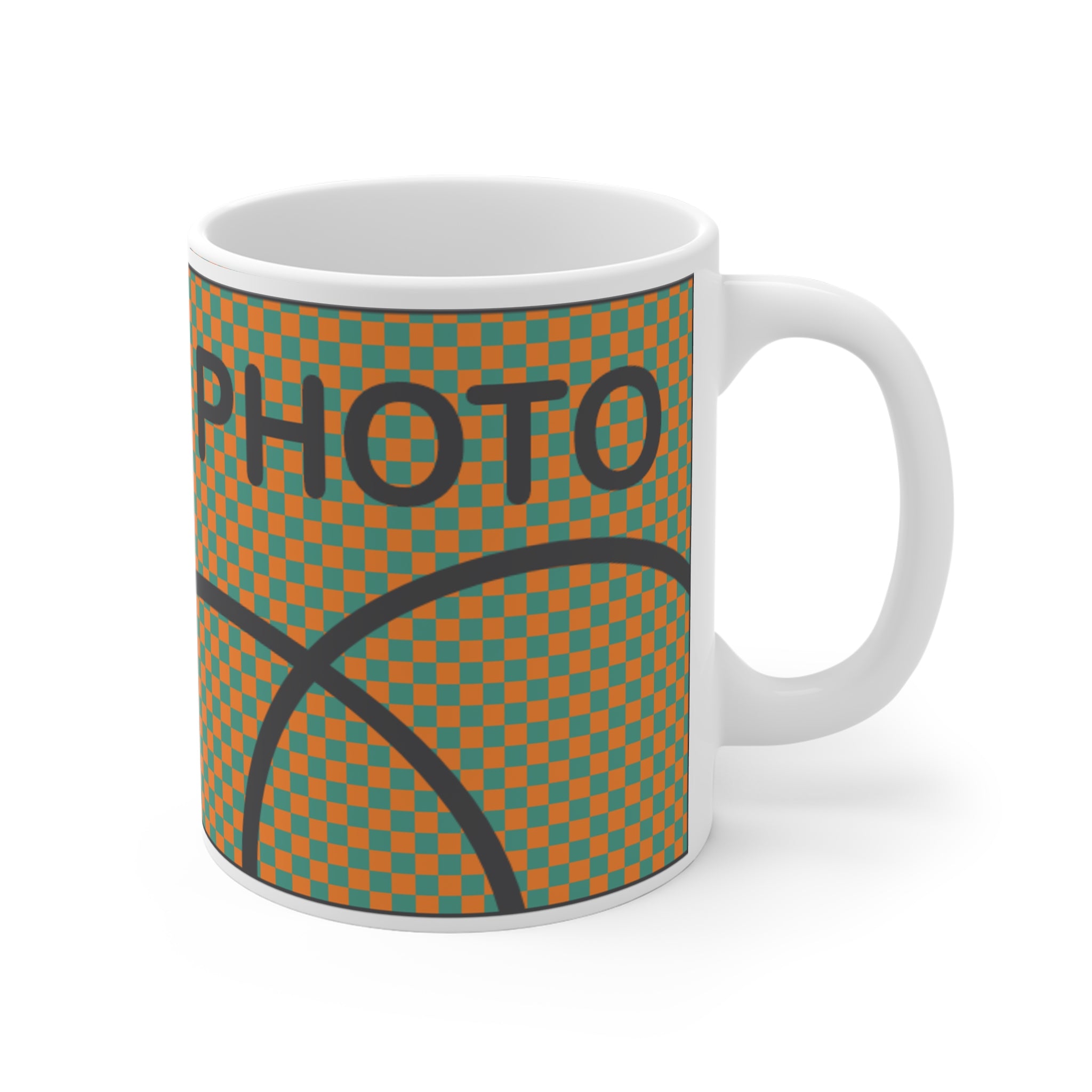 Mug with basketball design and 'PHOTO' text on a white background
