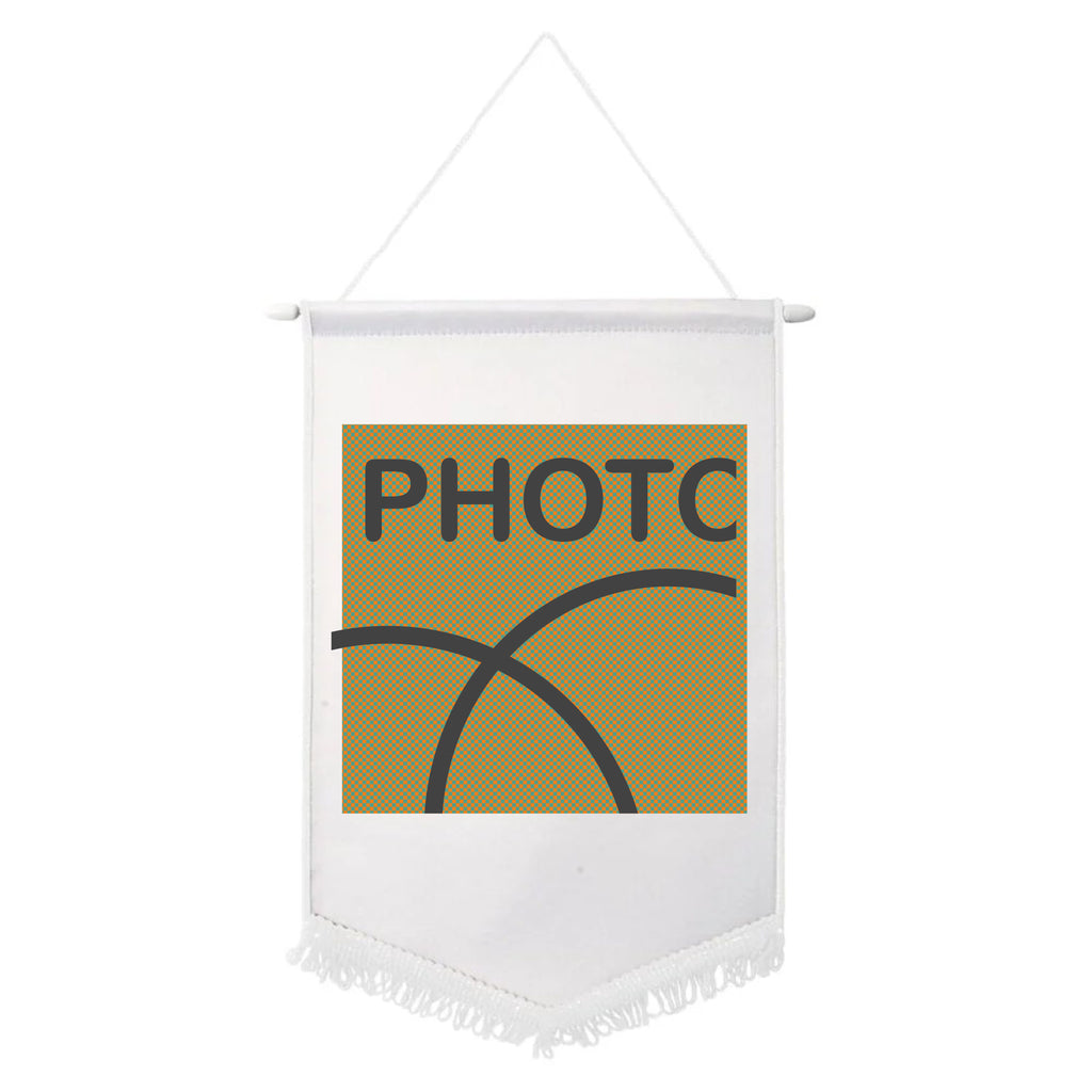 Hanging banner with 'PHOTC' text on a white background