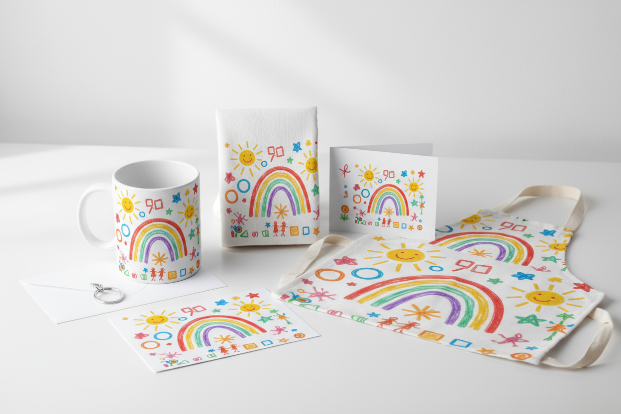 a picture of school kids artwork on a mug, Tea towel, greeting card, Apron, And a key ring.