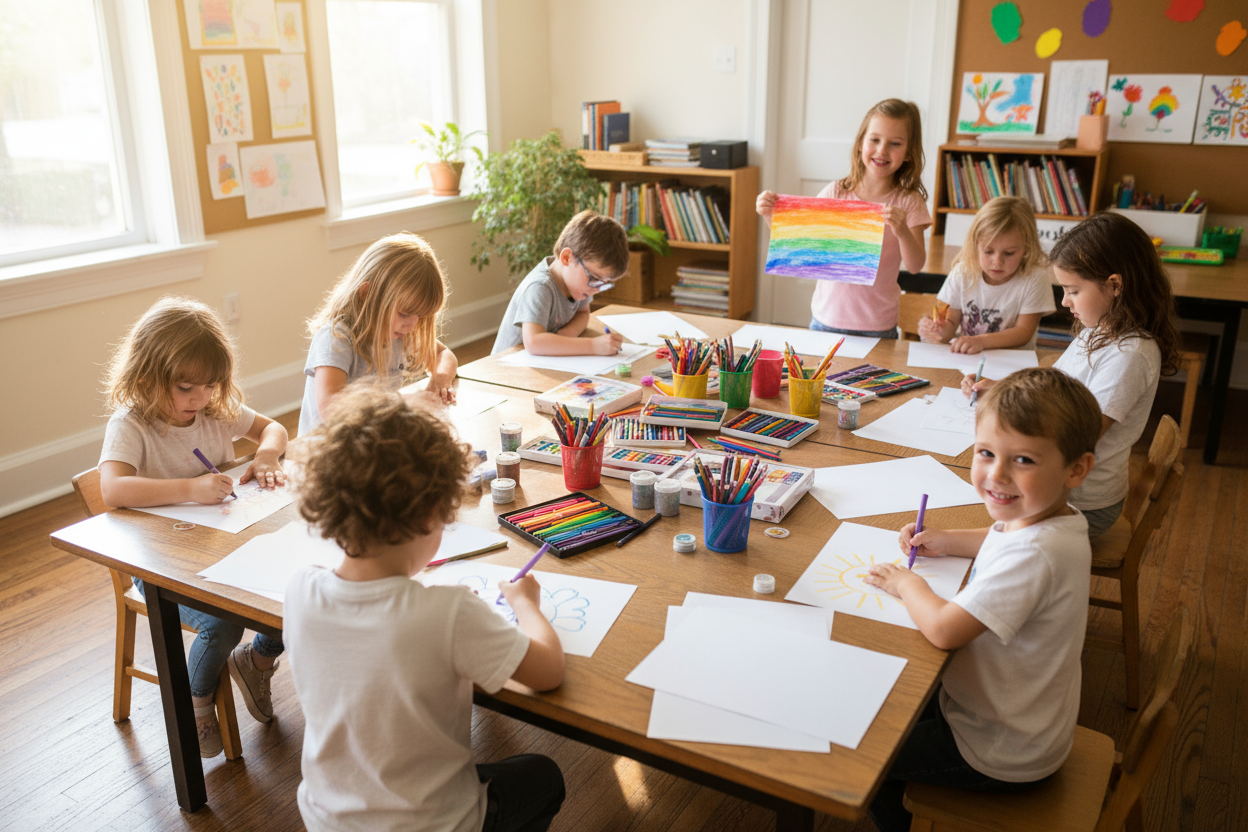 Children creating artwork colourings and drawings at table.