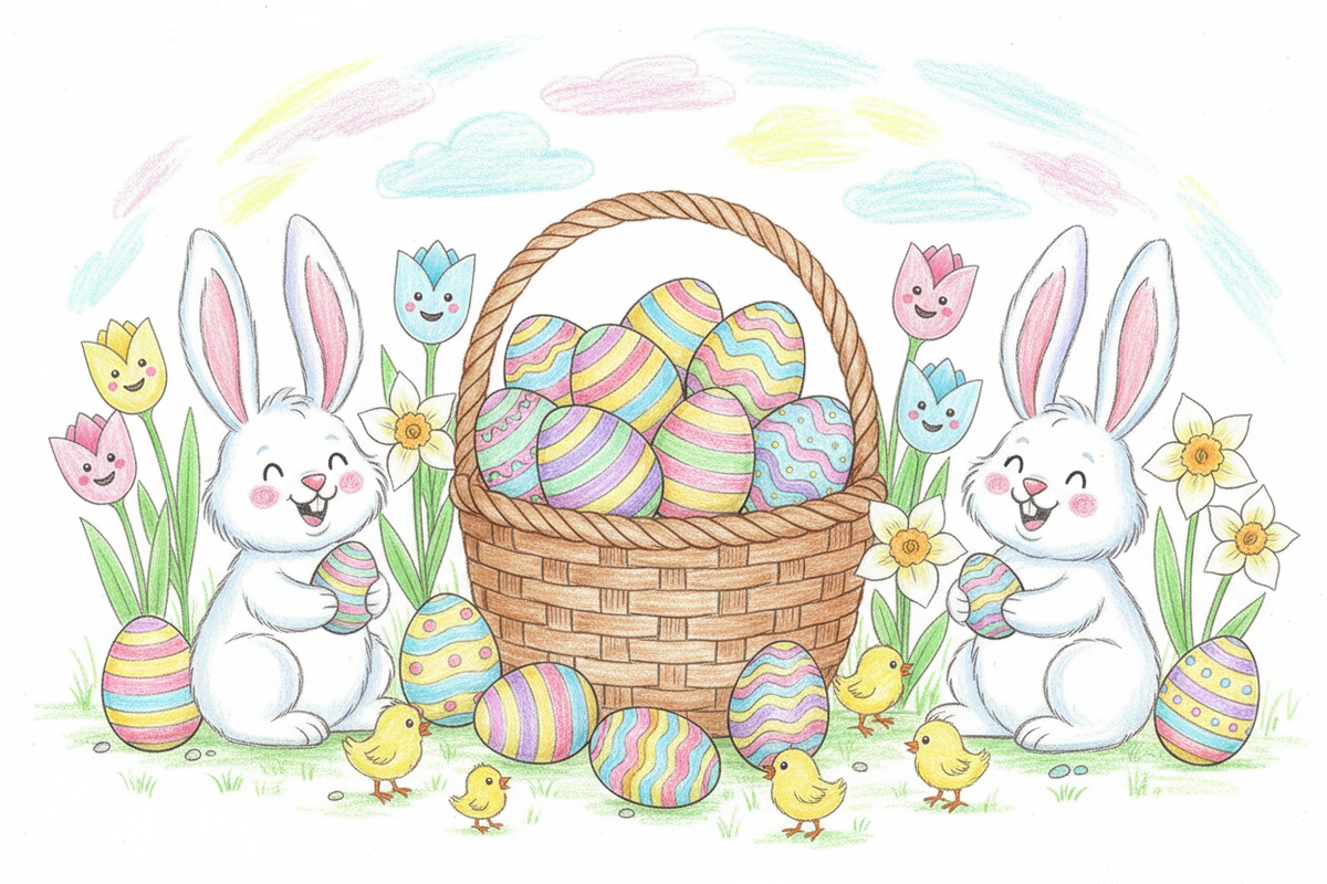 kids Easter drawing with white background.
