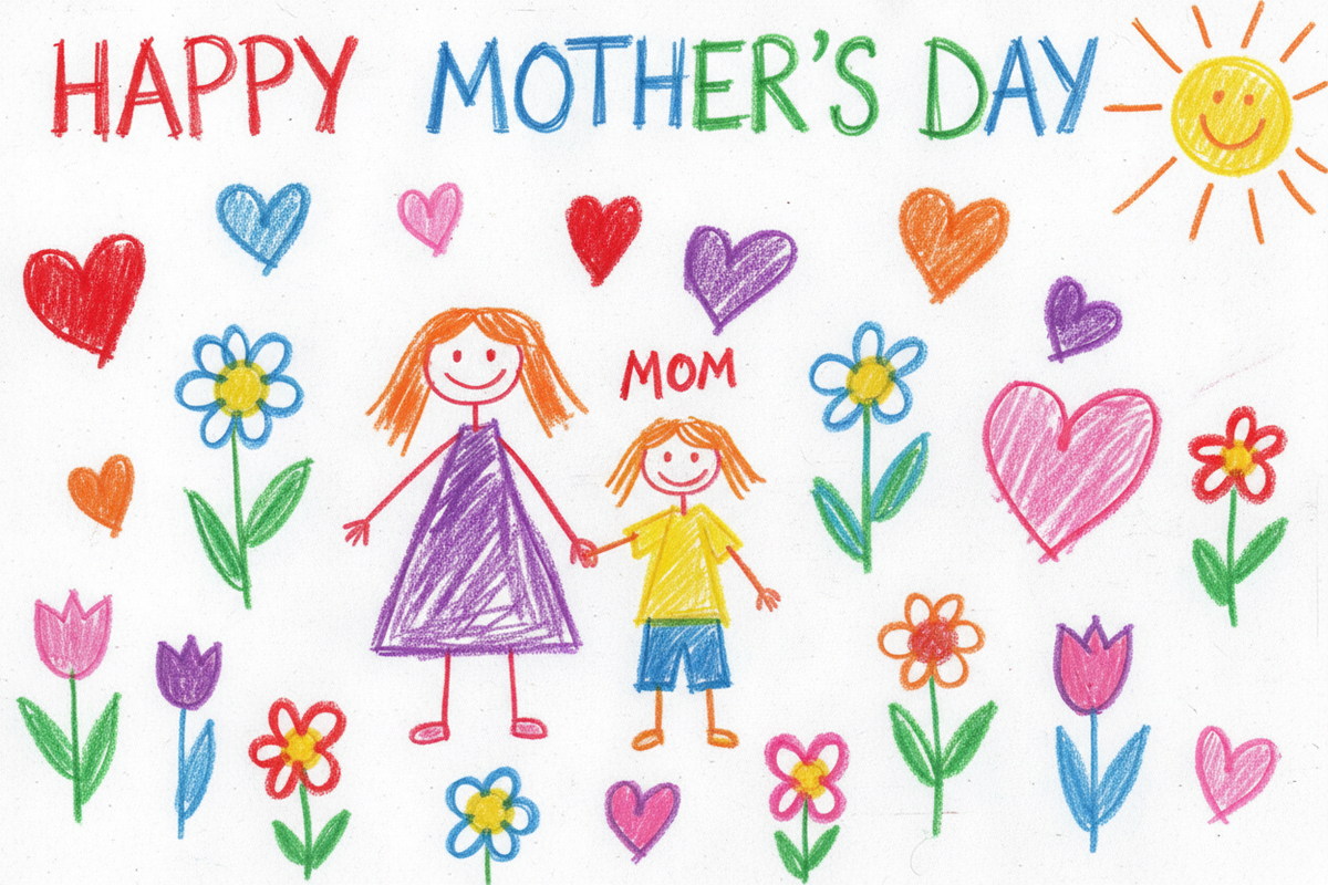 kids Mother's Day drawing with white background.