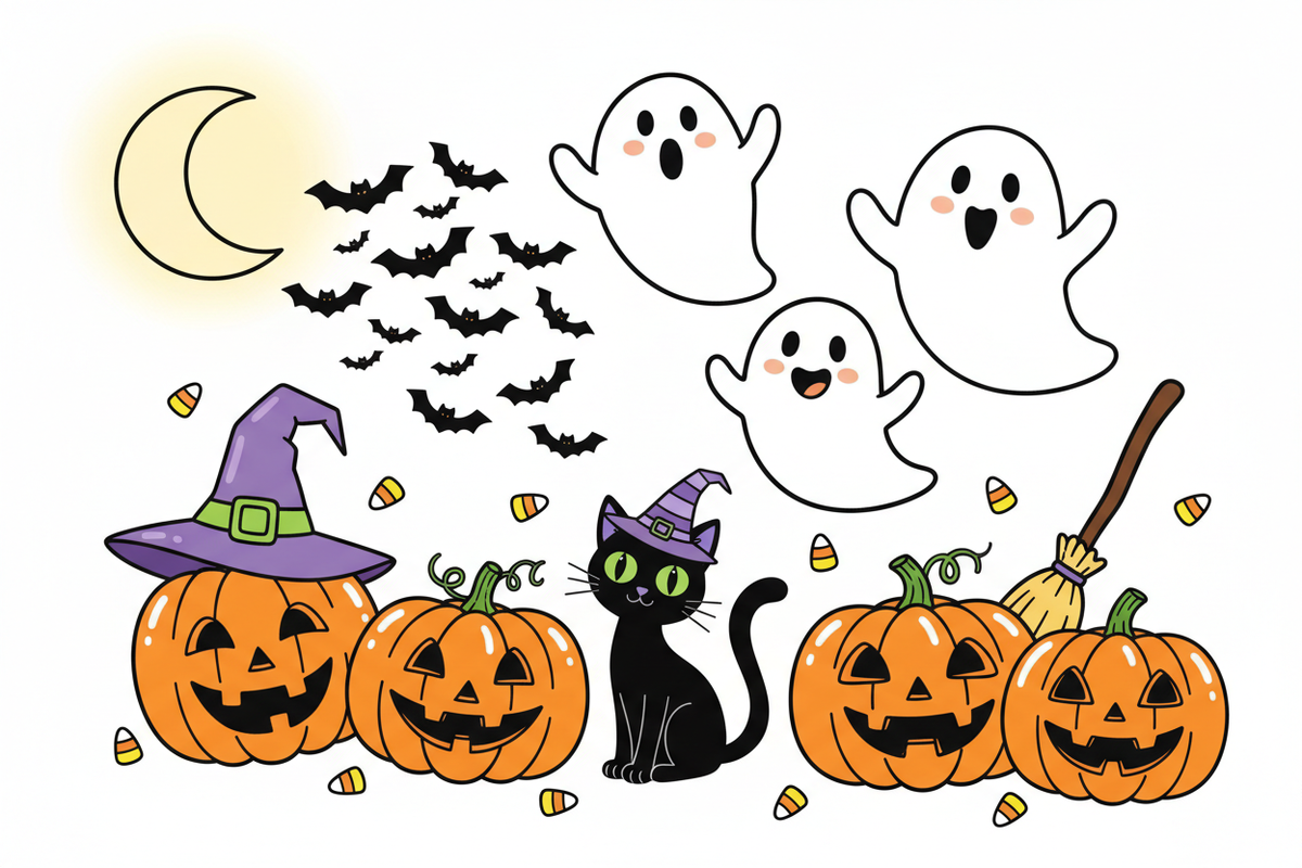 kids spooky Halloween drawing with white background.
