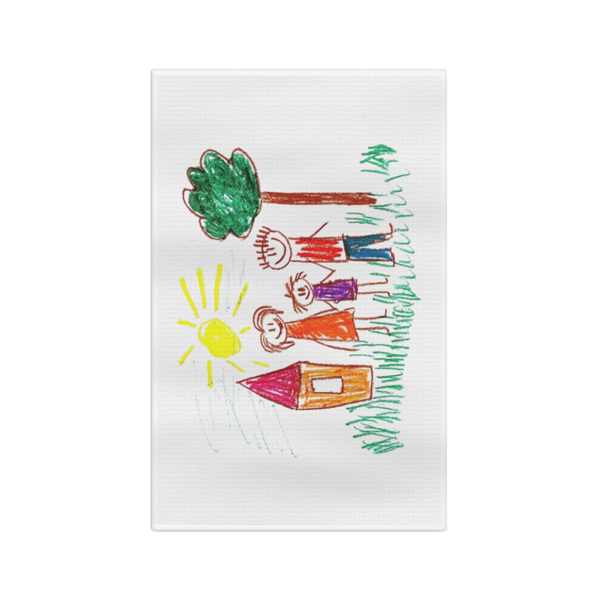 kitchen tea towel with kids school artwork on