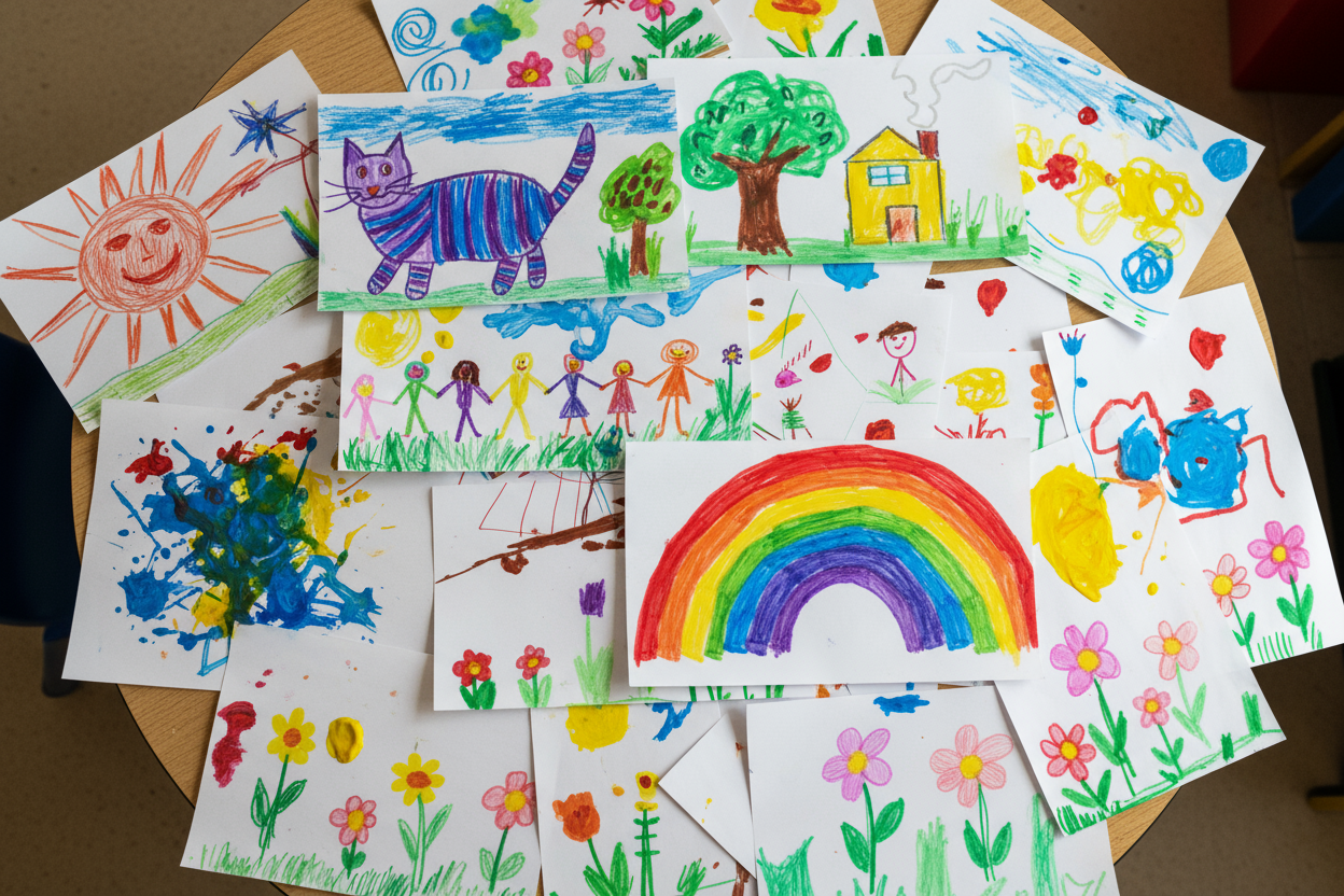 the classroom table well lots different kids drawings and colorings on.